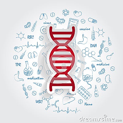 Icons For Medical Specialties. Genetics And DNA Concept. Vector Illustration With Hand Drawn Medicine Doodle. Vector Illustration