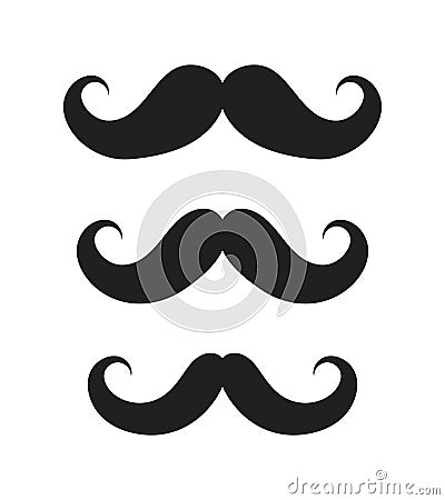 Icons of mustaches. Black cartoon moustache of Charlie Chaplin. Set of graphic symbols for hipster. Different of shapes of men Vector Illustration