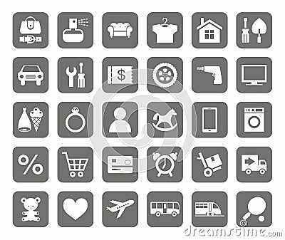 Icons, online store, product categories, monotone, grey background. Vector Illustration