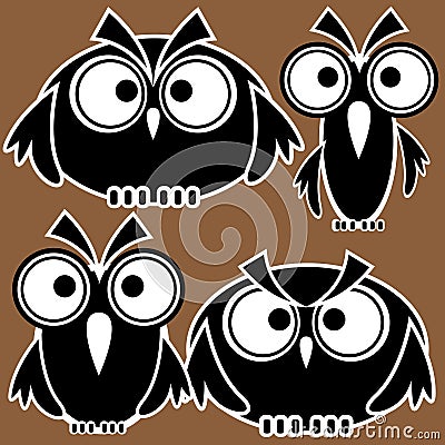 Icons owls isolated on brown Vector Illustration