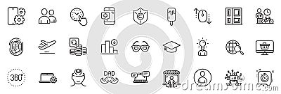 Icons pack as Plane, Teamwork and Notebook service line icons. For web app. Vector Stock Photo