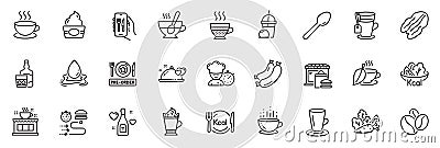 Icons pack as Restaurant app, Coffee beans and Teacup line icons. For web app. Vector Vector Illustration