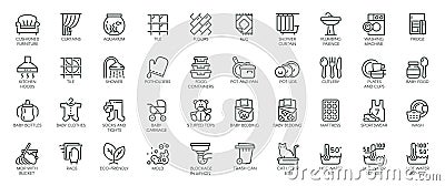Icons Pack on Cleaning Products. Such Line Signs as Household Items, Kids' Things, Kitchenware, Interior Items Vector Illustration
