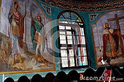 Icons painted by Nicolae Grigorescu. Courtyard of the Monastery Zamfira Stock Photo