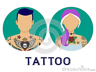 Icons of people with tattoo vector. Man and woman with different pictures on their bodies Vector Illustration