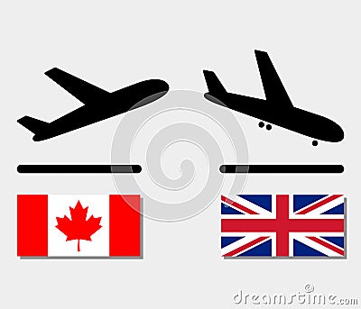 icons plane departure from Canada and upon arrival in UK. aircraft with flags of different countries. concept of international Vector Illustration