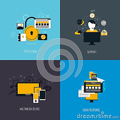 Icons for protection, support, multimedia device and quck response. Flat style. Vector Vector Illustration