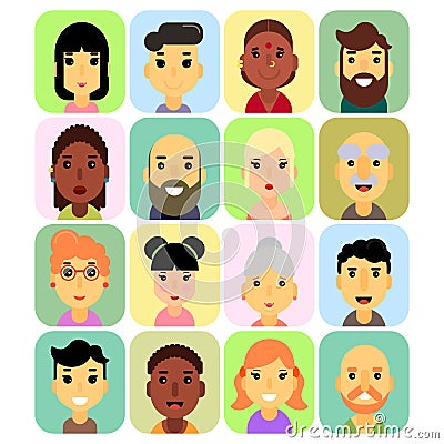 The icons are rectangular in shape with rounded corners, users and people icons with white background. Stock Photo