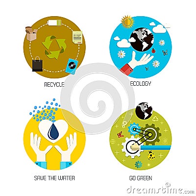 Icons for recycle, ecology, save the water, go green. Flat style Vector Illustration