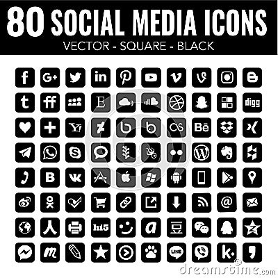 80 Vector Square black Social Media Icons with rounded corners for graphic design and web design Vector Illustration