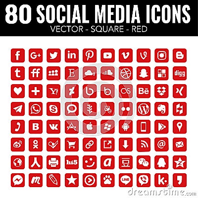 Red Vector square social media icons - for web design and graphic design Vector Illustration