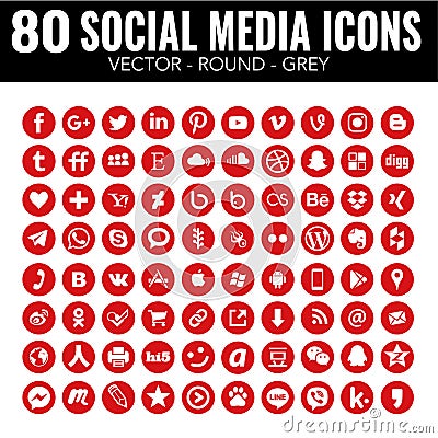 Red Vector circle social media icons - for web design and graphic design Vector Illustration