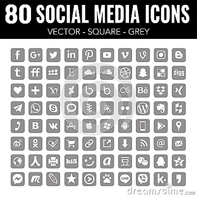 Grey Vector square social media icons - for web design and graphic design Vector Illustration