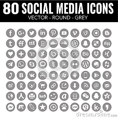 Grey round social media Vector icons - for web design and graphic design Vector Illustration