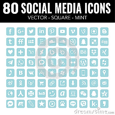 Blue Mint Square social Media Icons Professional set - Vector with rounded corners Vector Illustration