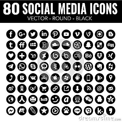 Vector Round Social Media Icons - black and white - for web design and graphic design Vector Illustration