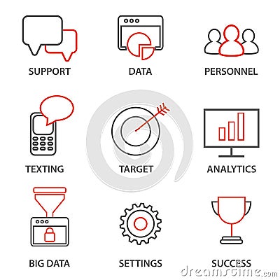 Icons related to business management, strategy, career progress and business process. Vector Illustration
