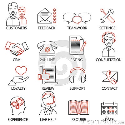 Icons related to support business management, strategy, career progress and business process. Mono line pictograms and infographic Vector Illustration