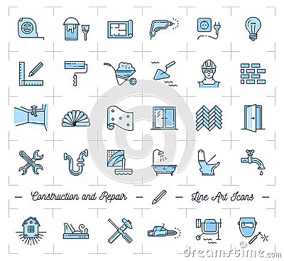 Icons repair, home improvement. Construction and building tools icons set Vector Illustration