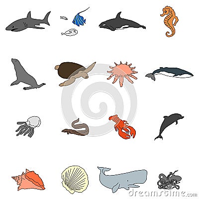 Icons of sea inhabitants in a flat style with a black stroke. Vector image on a round colored background. Element of Vector Illustration