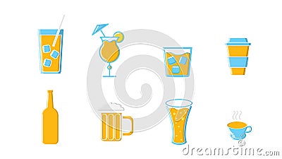 Icons set of alcoholic and non-alcoholic drinks bottles and mugs of tea coffee beer cocktails and whiskey vodka with ice Vector Illustration