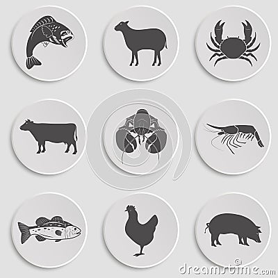 Icons Set -Animal, Meat, Seafood Vector Illustration