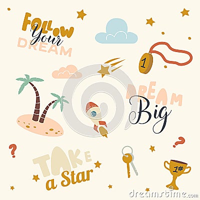 Icons Set Follow Dream, Take Star from Sky. Creative Pattern with Palm Trees, Winner Medal and Bunch of Keys Gold Goblet Vector Illustration