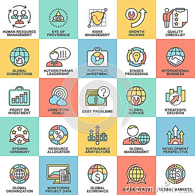 Icons set global business, economics and marketing. Vector Illustration