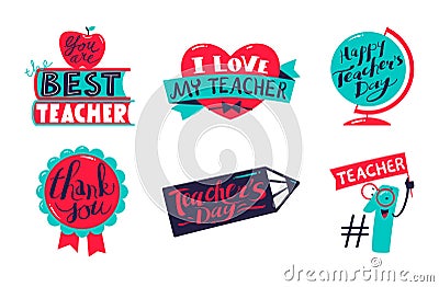Icons Set for Happy Teachers Day Celebration with Decorative Elements Heart, Globe and Seal Stamp Vector Illustration