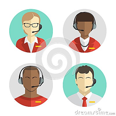 Icons set Male and female call center avatars in a flat style with a headset, conceptual of communication. Vector Illustration