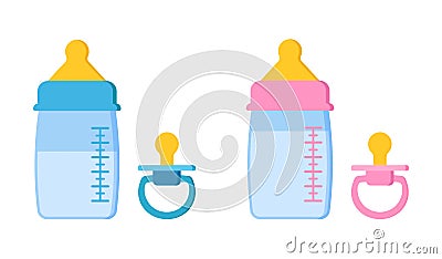 Icons set of pacifier baby dummy for newborn child and baby bottles Vector Illustration