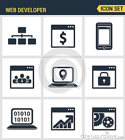 Icons set premium quality of adaptive website customization, web develop process. Vector Illustration