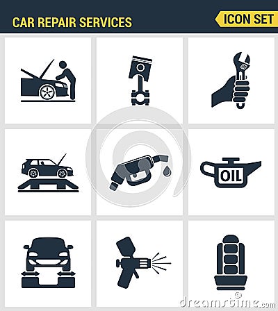 Icons set premium quality of car repair services instrumentation support technology tool service. Modern pictogram collection flat Stock Photo