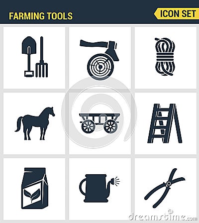 Icons set premium quality of farming tools instrument farm equipment agricultural. Modern pictogram collection flat design style Stock Photo