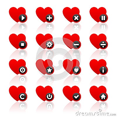 Icons set - red hearts and black buttons Vector Illustration