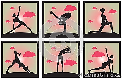 Icons set Silhouette of a beautiful Yoga woman in the morning Po Stock Photo