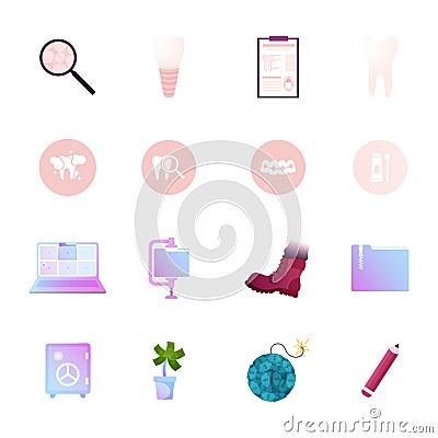 Icons Set Teeth, Magnifier and Laptop, Folder Archive, Safe and Money Tree with Boot, Dollar, Bomb with Fuse and Pencil Vector Illustration