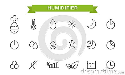 Icons set on the theme of the humidifier. linear style. humidifier, air humidity, timer, temperature, backlight,silent mode, night Cartoon Illustration