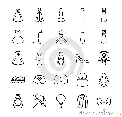 Icons set of varieties of wedding dresses and accessories. Different styles of wedding dresses. Vector illustrations to Vector Illustration