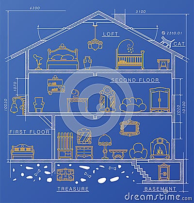 Icons set. Vector Illustration. Rooms with furniture. House drowing with furniture. Vector Illustration