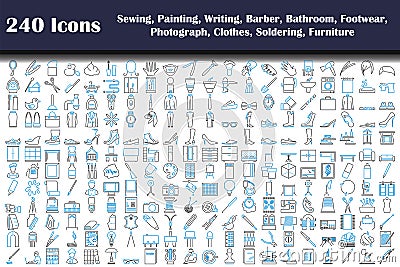 240 Icons Of Sewing, Painting, Writing, Barber, Bathroom, Footwear, Photograph, Clothes, Soldering, Furniture Vector Illustration