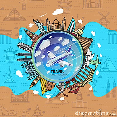 Icons sights of the world around a flying plane Vector Illustration