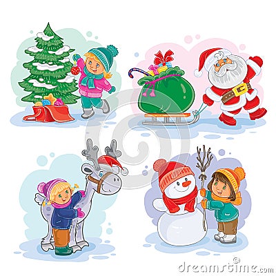 Icons small children decorate the Christmas tree, making a snowman Vector Illustration