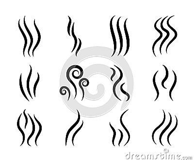 Icons of smoke. Chimney, steam, smell, aroma logos. Heat, fume, odor from grill and cooking. Odour of coffee. Perfume scent in air Vector Illustration