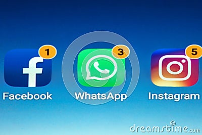 Icons of social media facebook, instagram, whatsapp application on screen. Macro image, Social media icons. Social network. 15.12. Editorial Stock Photo