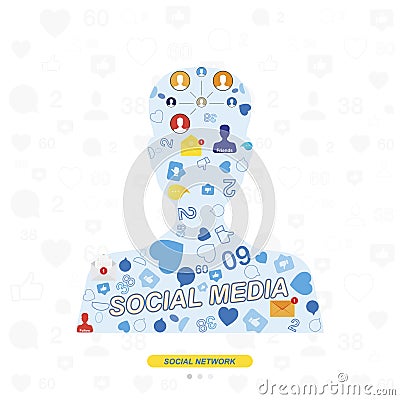 Icons of social networks and symbols of notifications on the background of the silhouette of the avatar. Flat illustration Cartoon Illustration