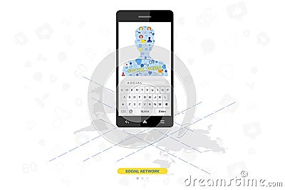 Icons of social networks and symbols of notifications on the background of the silhouette of the avatar in the phone. Flat Cartoon Illustration