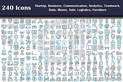 240 Icons Of Startup, Business, Communication, Analytics, Teamwork, Data, Money, Sale, Logistics, Furniture Vector Illustration