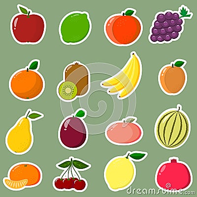 Icons Stickers of fruit with a white outline, in a set on a green background. Vector Illustration