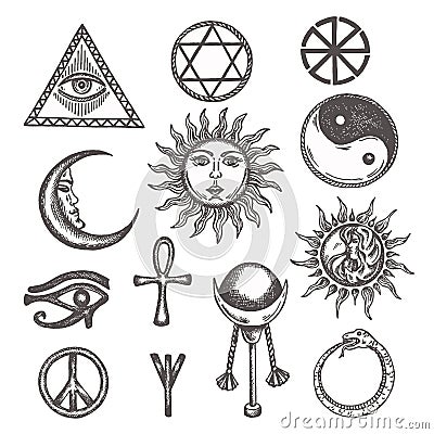 Icons and symbols of white magic, occult, mystic, esoteric, masons Eye of Providence. Hand drawn alchemy, religion Vector Illustration